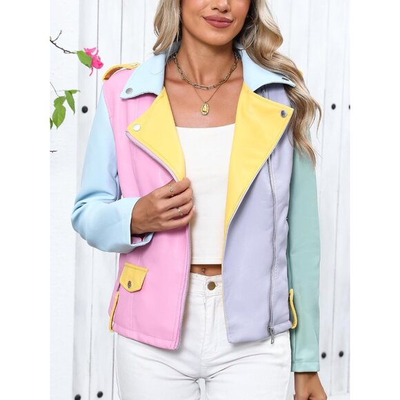 Women Faux Leather Motorcycle Jacket Multicolor Stand Collar with Pockets Coat - Picture 4 of 6